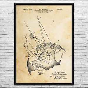 May include: A framed vintage patent print featuring a diagram of a navigation and communication system. The illustration, in black ink on aged paper, depicts a globe with lines and symbols. Text includes the inventor's name, filing date, and patent number.