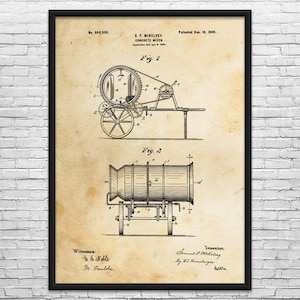 May include: Framed vintage blueprint of a concrete mixer, featuring detailed mechanical drawings. The print includes two diagrams, labeled Fig. 1 and Fig. 2, with technical annotations and the inventor's name, S.P. McKelvey.