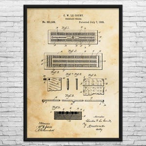 May include: A framed vintage print of a cribbage board patent, dated July 7, 1885, by C.W. Le Count. The print features detailed technical drawings of the board's design, including peg holes and internal components, with text and diagrams.