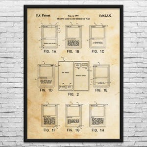 May include: Framed patent print of a trading card game method of play, dated September 2, 1997. The print features detailed diagrams of card layouts and game elements, with the patent number 5,662,332.