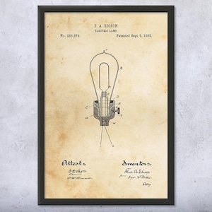 Edison Light Bulb Patent Wall Art | Poster, Canvas or Framed | Lightbulb Blueprint, Engineer Gift, Science Teacher Gift, Classroom Art