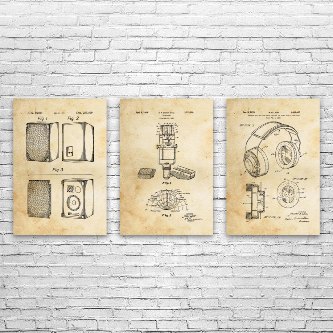 Image showcasing Recording Studio Patent Wall Art Set of 3 | Poster, Canvas or Framed ...