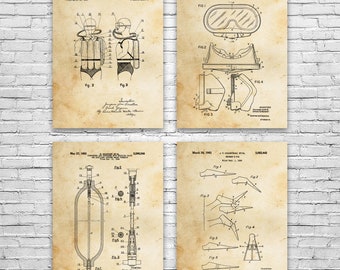 Scuba Diving Patent Posters Set of 4, Swimming Gifts, Diving Art, Teacher Gifts, Man Cave Decor, Gifts For Men, Gifts For Her, Dad Gifts