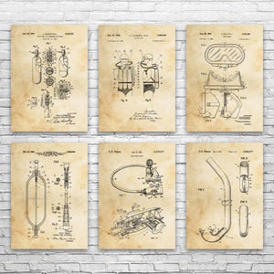 Scuba Diving Patent Wall Art Set of 6 | Poster, Canvas or Framed | Swimming Gifts, Diving Art, Teacher Gifts, Man Cave Decor, Gifts For Men