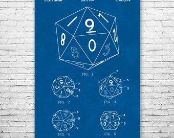20 Sided Dice Poster Print, Game Room Art, Gamer Gift, Dice Blueprint, Board Game Art, Toy Store Decor, Boardgame Blueprint, Play Room Decor