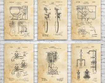 Plumbing Patent Wall Art Set of 6 | Poster, Canvas or Framed | Contractor Gift, Restroom Wall Art, Toilet Blueprint, Handyman Gift