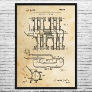 May include: A framed vintage print of a manifold construction for internal combustion engines, dated April 12, 1927. The print features detailed technical drawings labeled as Fig. 1, Fig. 2, and Fig. 3, with the patent number 1,624,229.