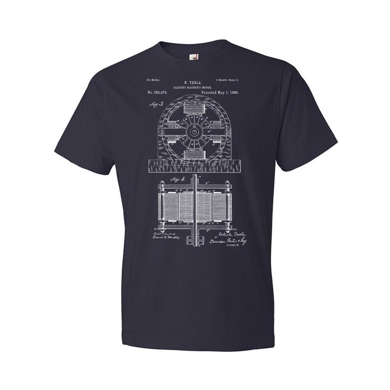 Nikola Tesla Electromagnetic Motor Patent T-Shirt: Nikola Tesla Tee, Technology Gift Navy