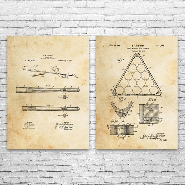 Billiards Pool Patent Prints Set of 2, Billiards Art, Pool Player Gifts, Garage Decor, Dad Gifts, Billiard Room Decor, Gifts For Him