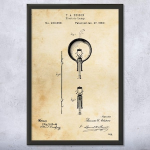 Thomas Edison Electric Lamp Patent Wall Art | Poster, Canvas or Framed | Edison Wall Art, Classroom Decor, Electrician Gift, Engineer Gift