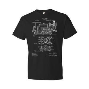 May include: Black t-shirt with a white print of a vintage locomotive patent drawing. The patent is for a locomotive invented by E.E. Adams and patented on Nov. 30, 1880. The patent number is 261,336.