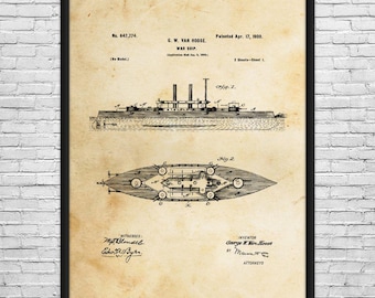 May include: Framed vintage patent print of a warship, dated April 17, 1900. The print features two detailed diagrams of the ship, with technical drawings and text. The artwork is in black ink on a beige background, framed in black.