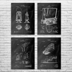 Mining Patent Wall Art Set of 4: Miner Gift, Lamp Blueprint