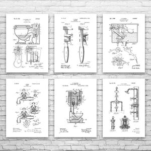 Plumbing Patent Wall Art Set of 6: Contractor Gift, Restroom Wall Art Black & White