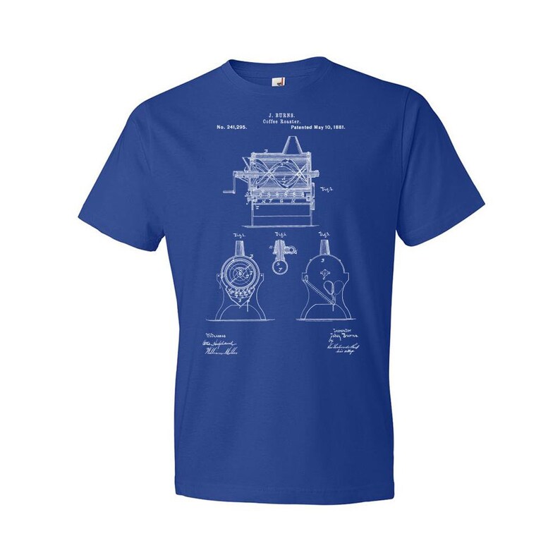 Burns Coffee Roaster Patent T-Shirt: Barista Gift, Coffee Apparel Royal Blue