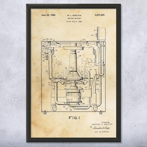 Washing Machine Patent Wall Art | Poster, Canvas or Framed | Laundromat Wall Art, Laundry Room Decor, Housekeeper Gift, Broom Closet Art