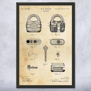 Padlock Patent Wall Art | Poster, Canvas or Framed | Locksmith Gift, Workshop Decor, Engineering Gifts, Padlock Blueprint, Industrial Decor