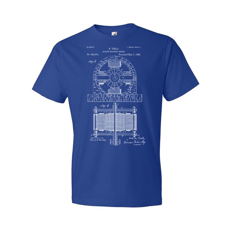 Nikola Tesla Electromagnetic Motor Patent T-Shirt: Nikola Tesla Tee, Technology Gift Royal Blue