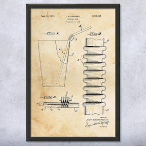 Drinking Straw Patent Wall Art | Poster, Canvas or Framed | Culinary Gifts, Kitchen Decor, Chef Gift, Restaurant Decor, Straw Blueprint