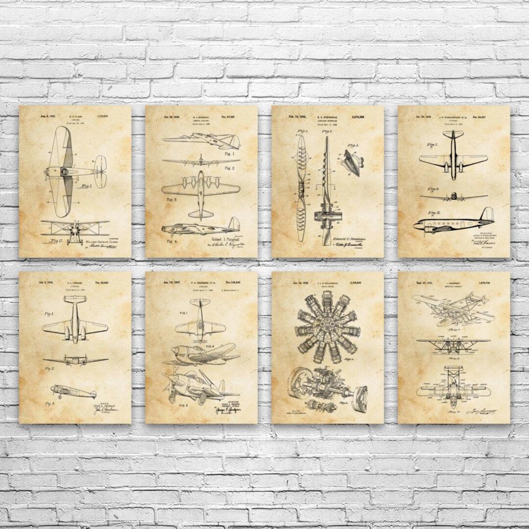 Airplane Patent Wall Art Set of 8 | Poster, Canvas or Framed | Flight ...