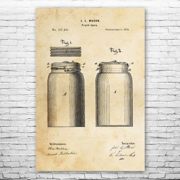 Mason Jar Poster Print, Collector Gift, Glass Jar Blueprint, Canning Jar Art, Kitchen Wall Art, Farmhouse Decor, Restaurant Art, Cafe Decor