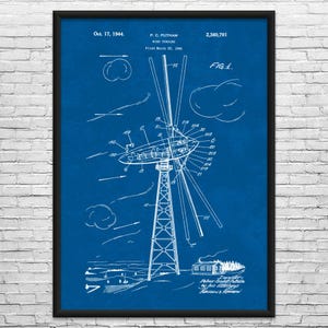 Wind Turbine Patent Art Print: Wind Farm Art, Power Technician Blueprint