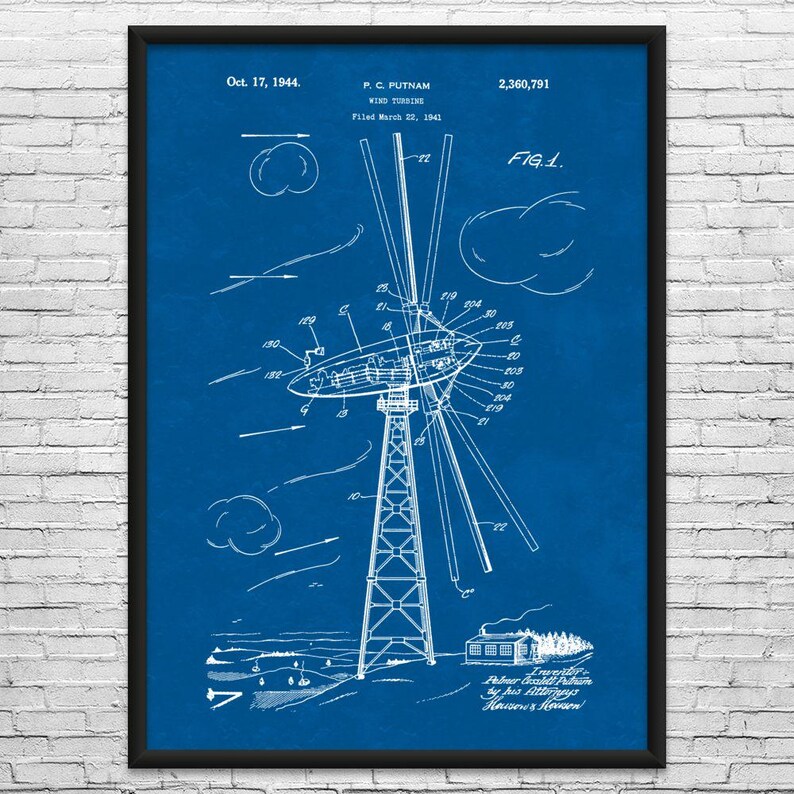Wind Turbine Patent Art Print: Wind Farm Art, Power Technician Blueprint