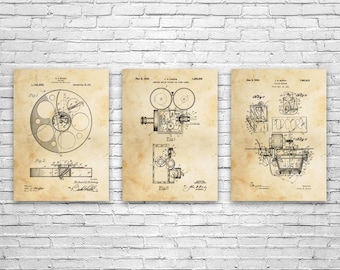 Movie Theater Patent Wall Art Set of 3 | Poster, Canvas or Framed | Hollywood Decor, Film Director, Actor Gift, Home Theater Art