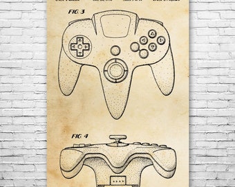 N64 Controller Poster Print, Video Game Gift, Blueprint, N64 Wall Art, Gamer Gift, Game Collector Gift, Video Game Wall Art, Game Room Decor