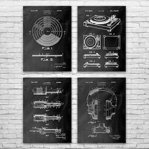 DJ Equipment Patent Wall Art Set of 4 | Poster, Canvas or Framed | Dj Gifts, Turntable Art, Man Cave Decor, Music Producer Gifts, Framed Art
