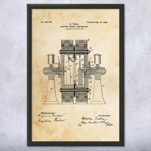 May include: A vintage patent drawing for an electric circuit controller, designed by Nikola Tesla. The drawing shows a detailed diagram of the device, with various components labeled. The patent number, date, and inventor's name are also included.