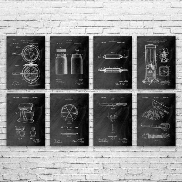 Kitchen Patent Prints Set of 8, Food Lover Gift, Kitchen Decor, Cooking Gift, Diner Wall Art, Chef Gift, Restaurant Decor, Culinary Gift