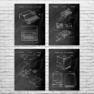 May include: Four framed vintage computer patent prints in white on a black background. The prints are arranged in a 2x2 grid. Each print features detailed technical drawings of different computer components, including keyboards, circuit boards, and a mouse.