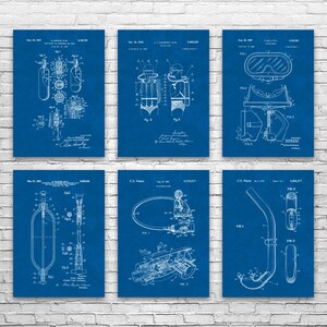 Scuba Diving Patent Posters Set of 6, Swimming Gifts, Diving Art, Teacher Gifts, Man Cave Decor, Gifts For Men, Gifts For Her, Dad Gifts