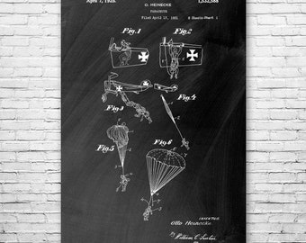 WW1 Fighter Plane Parachute Patent Print Poster, Skydiving Gifts, Man Cave Decor, Gifts For Him, Gifts For Her, Pilot Gifts, Home Decor