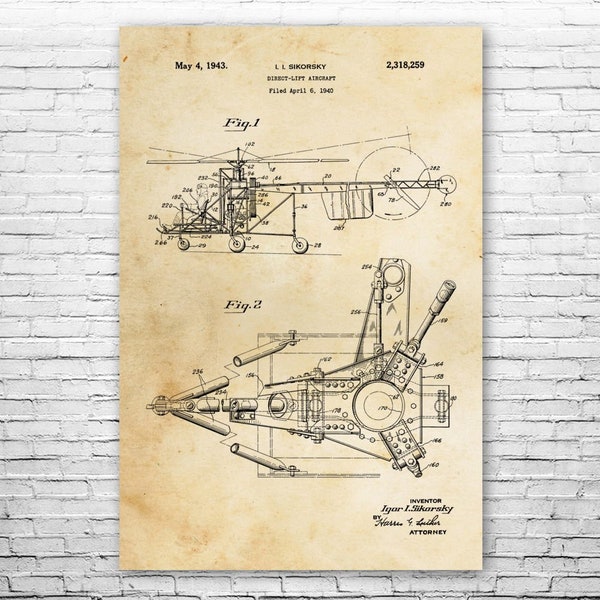 Sikorsky Helicopter Poster Print, Flight Instructor, Pilot Gift, Aeronautics Art, Helicopter Blueprint, Aviation Wall Art, Helicopter Decor