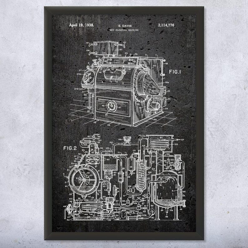 Dry Cleaning Machine Patent Wall Art Poster, Canvas or Framed Office