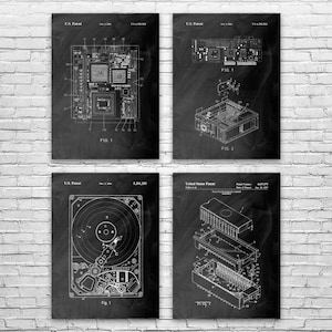 May include: Four black and white patent prints of computer components. Each print features detailed technical drawings of different parts, including a circuit board, a hard drive, and other internal components. The prints are mounted on a white brick wall.