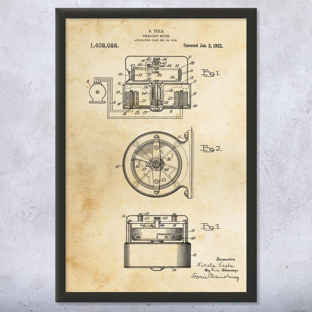 Nikola Tesla Frequency Meter Patent Wall Art Poster, Canvas or Framed