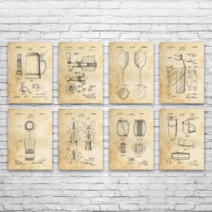 Bar Patent Wall Art Set of 8 | Poster, Canvas or Framed | Brewing Gift, Beer Wall Art, Oktoberfest Decor, Bartender Gift, Restaurant Art