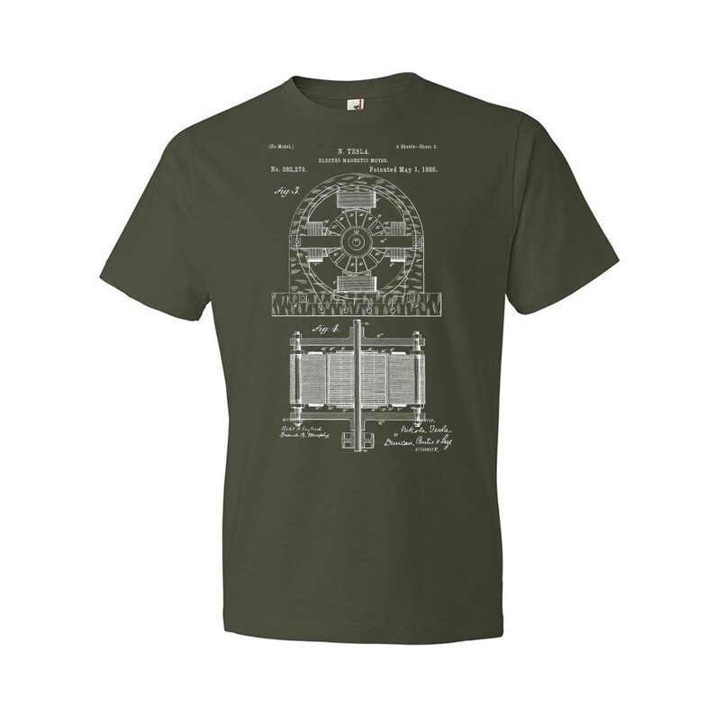 Nikola Tesla Electromagnetic Motor Patent T-Shirt: Nikola Tesla Tee, Technology Gift City Green
