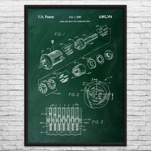 Tubular Lock Patent Art Print: Workshop Decor, Locksmith Gift Green Chalkboard