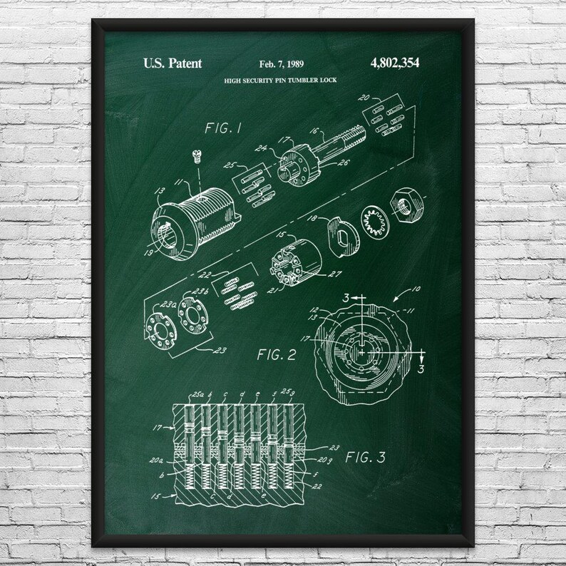 Tubular Lock Patent Art Print: Workshop Decor, Locksmith Gift Green Chalkboard