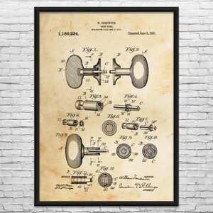 May include: Framed patent illustration of a door knob, dated June 6, 1916. The diagram shows various components and assembly views of the knob. The text includes the inventor's name, patent number, and application date.