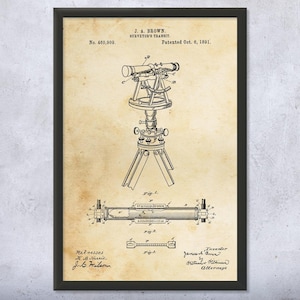 Surveyors Transit Patent Wall Art | Poster, Canvas or Framed | Surveyor Gift, Civil Engineering, Engineer Gift, Theodolite Blueprint