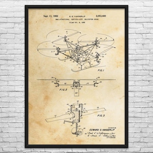 May include: A framed vintage blueprint of a helicopter drone, dated September 11, 1962. The technical drawing shows multiple views of the aircraft, including top, side, and component details. The patent is by E.G. Vanderlip.