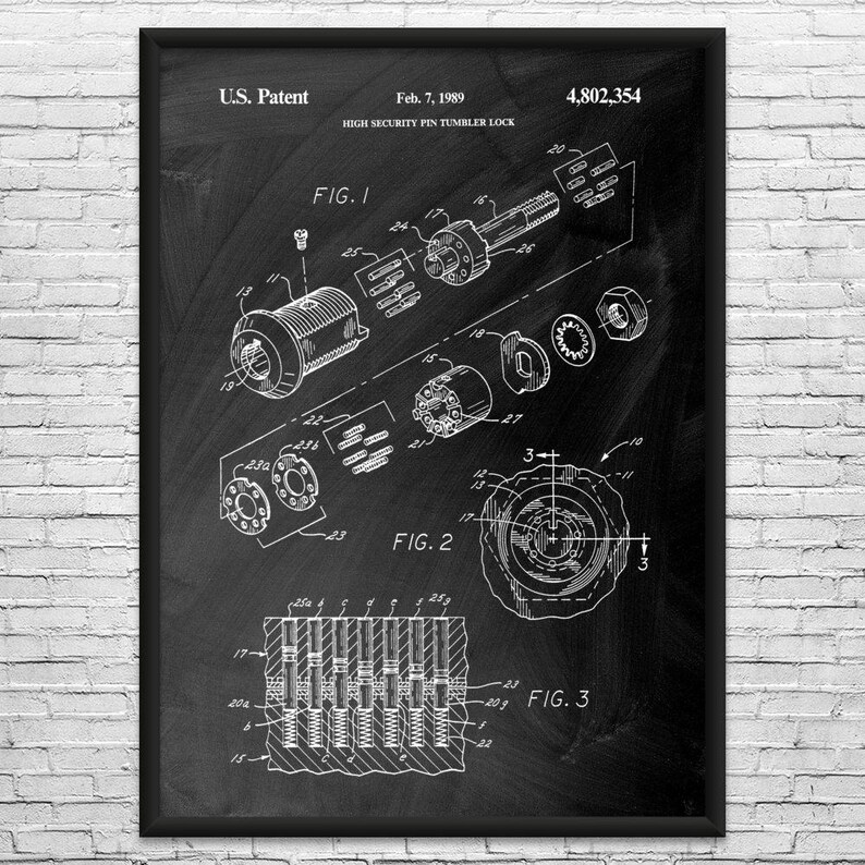 Tubular Lock Patent Art Print: Workshop Decor, Locksmith Gift Black Chalkboard