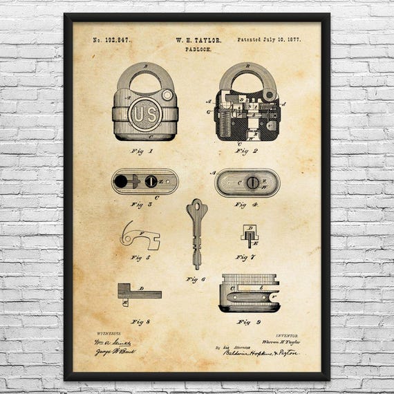 Padlock Patent Art Print: Locksmith Gift, Workshop Decor