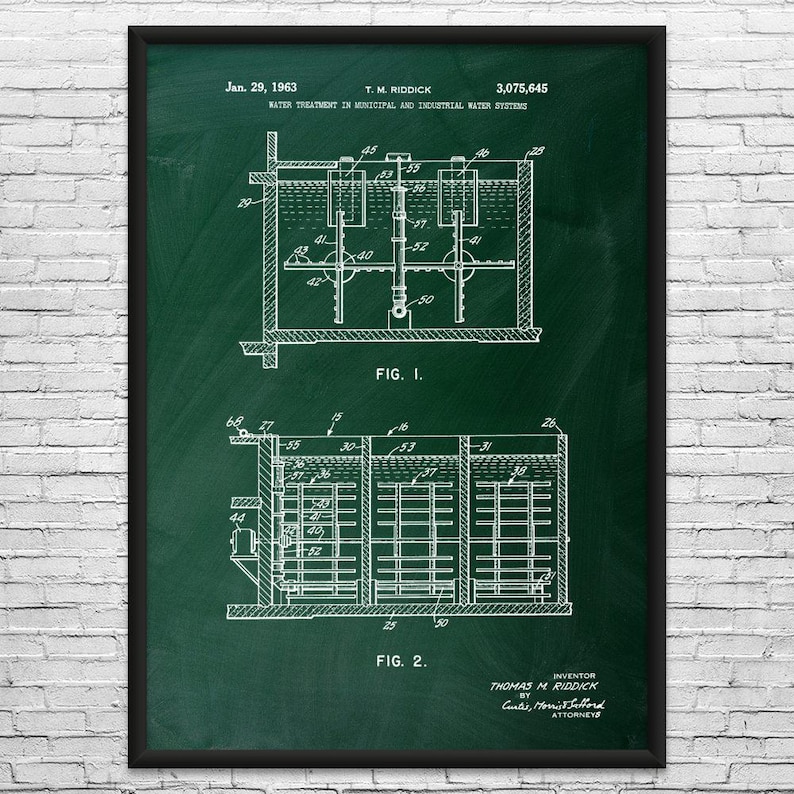 Water Treatment Patent Art Print: Industrial Decor, Water Technician Green Chalkboard