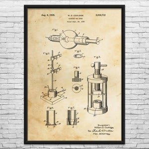 May include: A framed vintage patent print of a cathode ray tube, dated August 6, 1935. The sepia-toned print features detailed technical drawings and the inventor's name, William D. Coolidge.